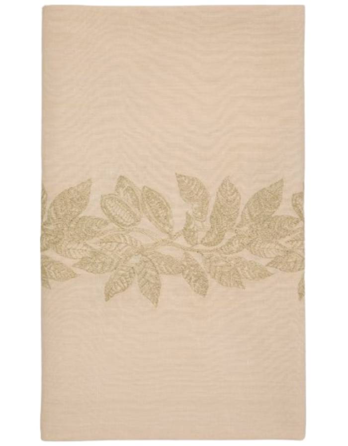 Nappe Oreti en coton et lin beige broderie cacao en lurex doré 150x250