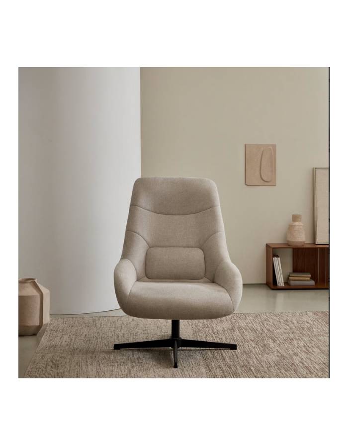 Fauteuil giratoire Celida en chenille beige et acier