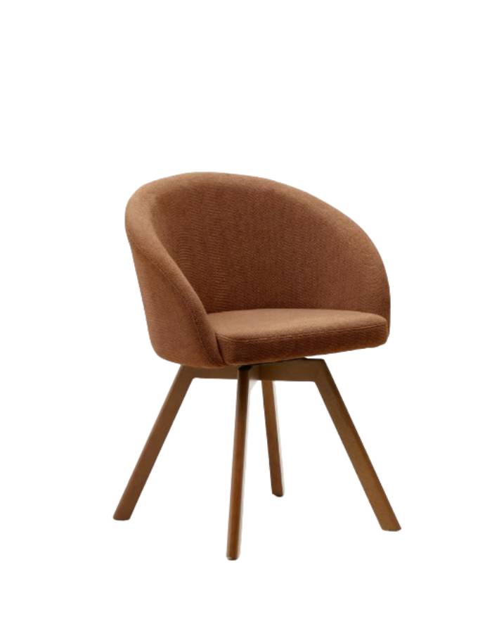 Chaise giratoire Marvin en chenille marron et pieds en bois de chêne