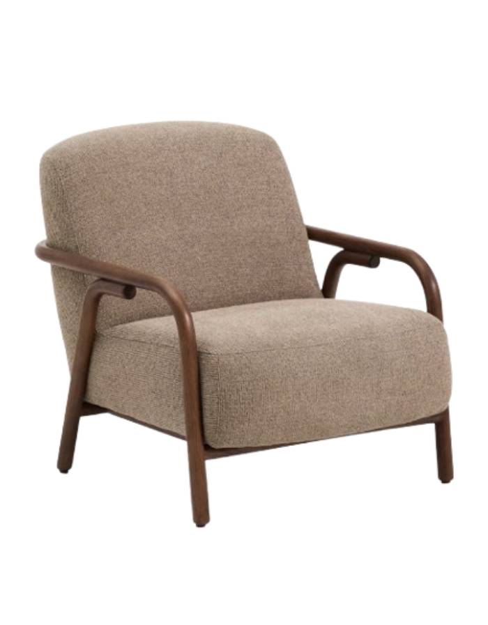 FAUTEUIL SYLO EN TISSU CHENILLE TAUPE DE FRENE FINITION NOYER