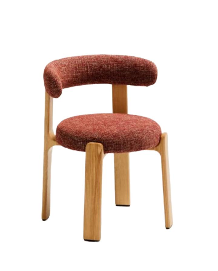 CHAISE GRANITE EN TISSU CHENILLE TERRACOTTA ET BOIS DE FRENE NOYER