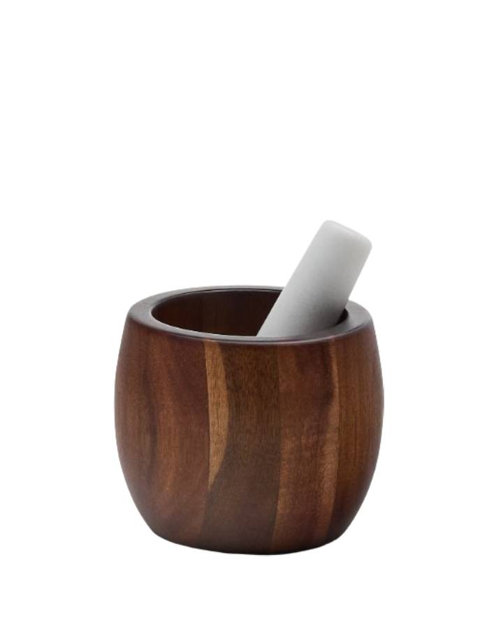 Mortier Tori en bois d’acacia et marbre blanc