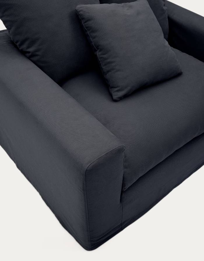 Fauteuil déhoussable Nora avec coussin en lin et coton gris anthracit