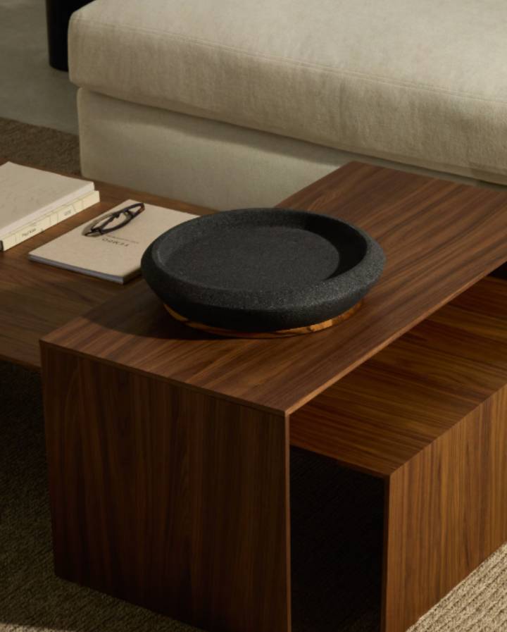 Centre de table Naro en pierre noire et bois de teck Ø 38 cm
