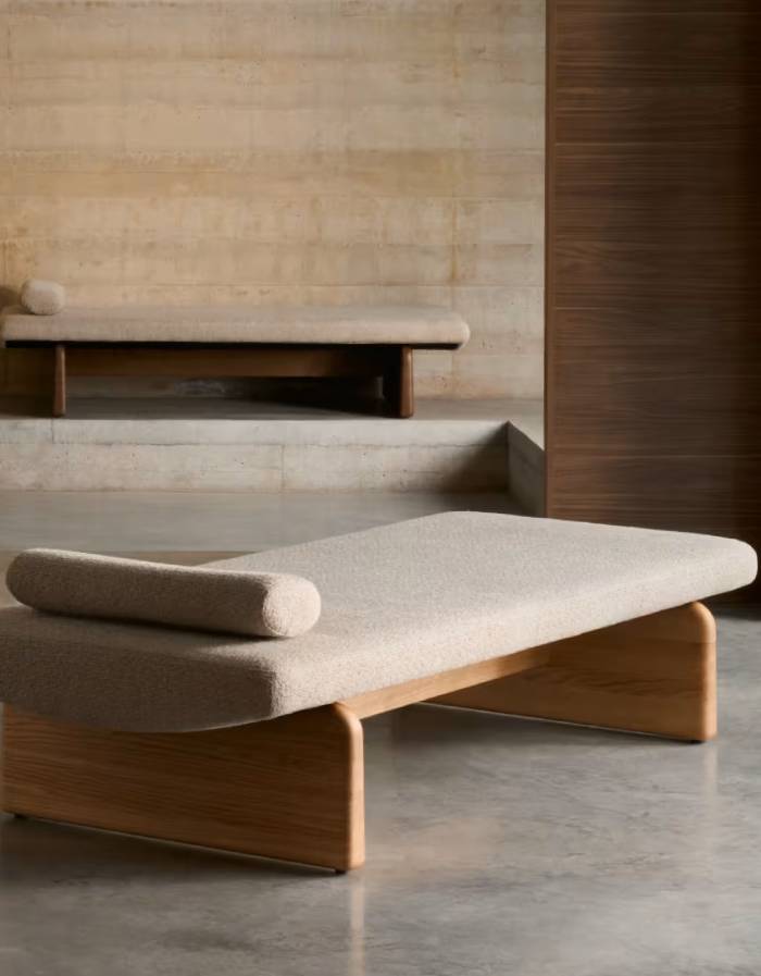 TOPAZ Divan en tissu chenille beige et bois 200cm